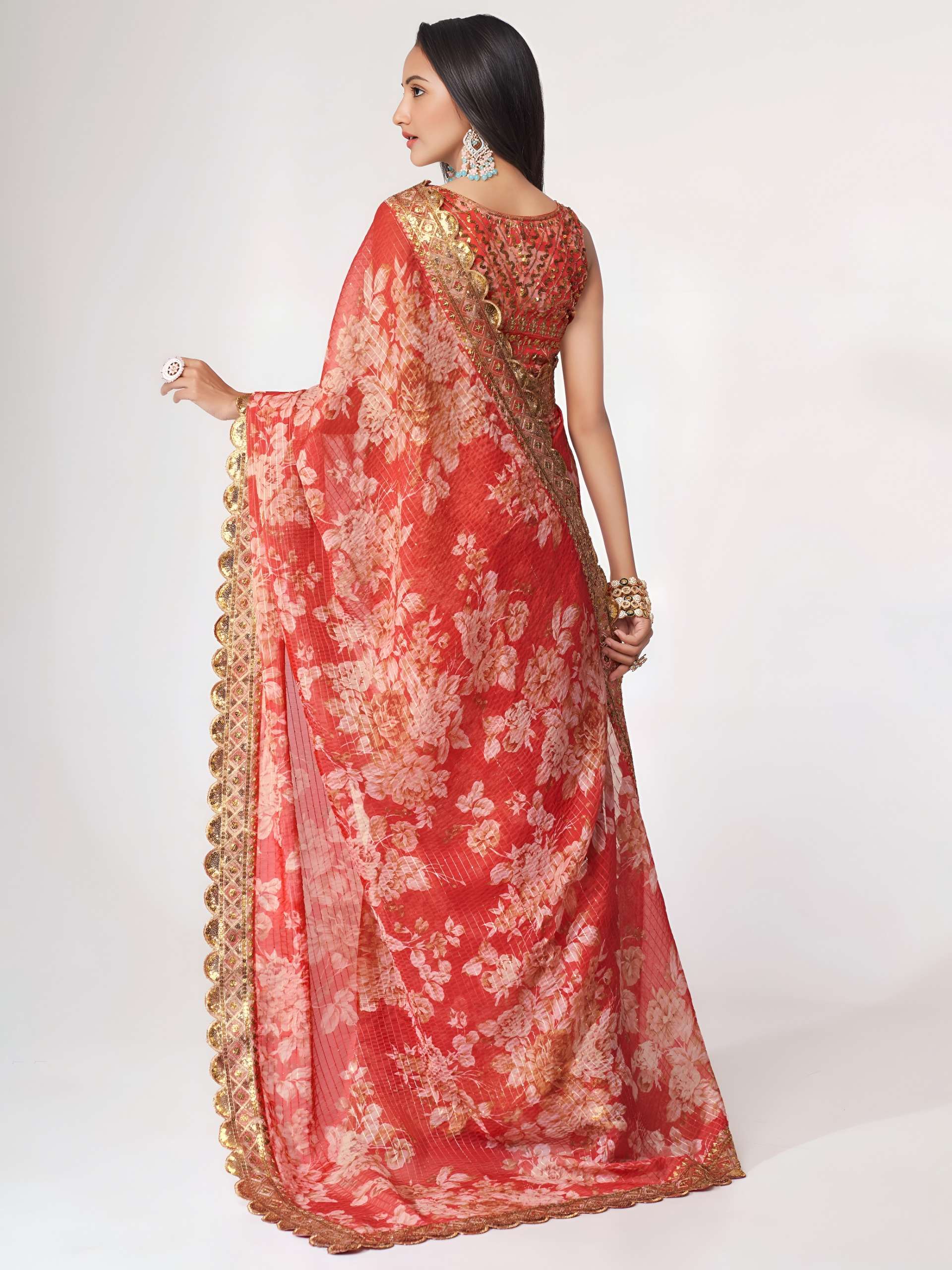 Coral crimson Red colou pretty Floral design on Royal Organza fabric Saree Wholesale in surat 1107 Red 